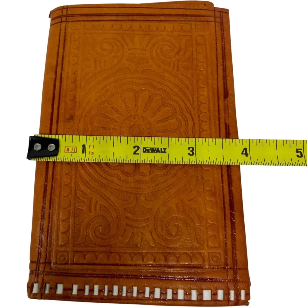 Vintage Hand Tooled Leather Wallet Tan Boho Floral Embossed Whipstitch Good